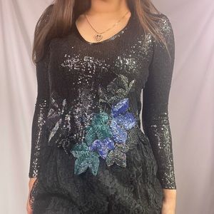 Vintage handmade 80s sequin and beaded knee length long sleeve 1980s disco dress